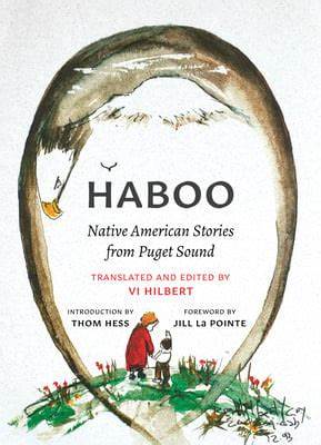 Haboo book cover, featuring a watercolor illustration of an adult and child holding hands on a mounded of greenery and flowers, the child pointing upward towards mountain peaks. The illustration is encircled by a bald eagle.