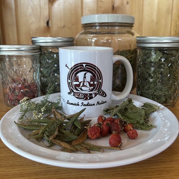 Samish logo mug on plate with tradition teas: yarrow, labrador tea, rosehips, and nettle.